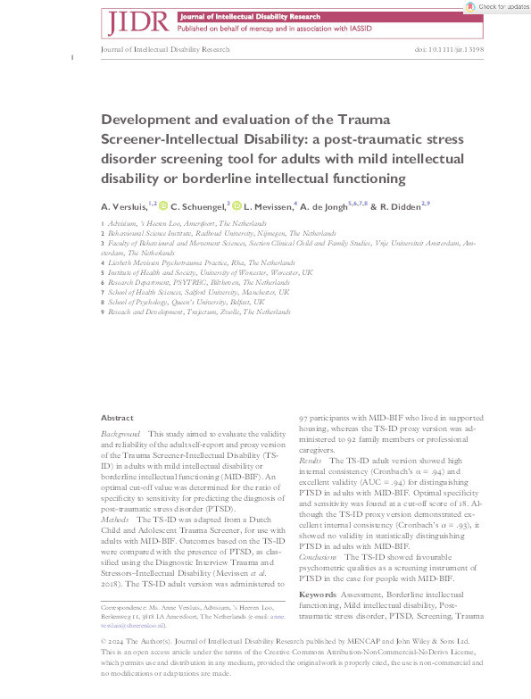 Development and evaluation of the Trauma Screener‐Intellectual Disability: a post‐traumatic stress disorder screening tool for adults with mild intellectual disability or borderline intellectual functioning Thumbnail