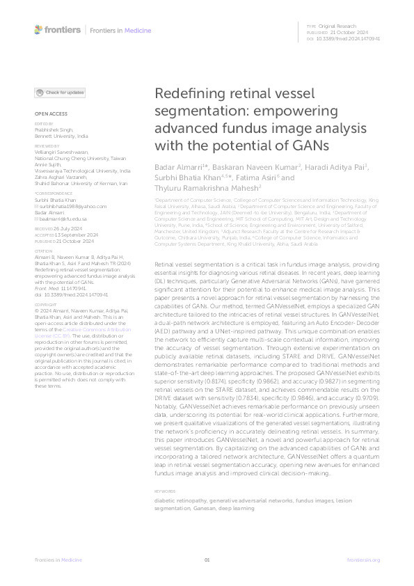 Redefining retinal vessel segmentation: empowering advanced fundus image analysis with the potential of GANs Thumbnail