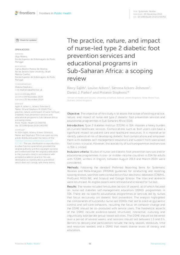 The practice, nature, and impact of nurse-led type 2 diabetic foot prevention services and educational programs in Sub-Saharan Africa: a scoping review Thumbnail