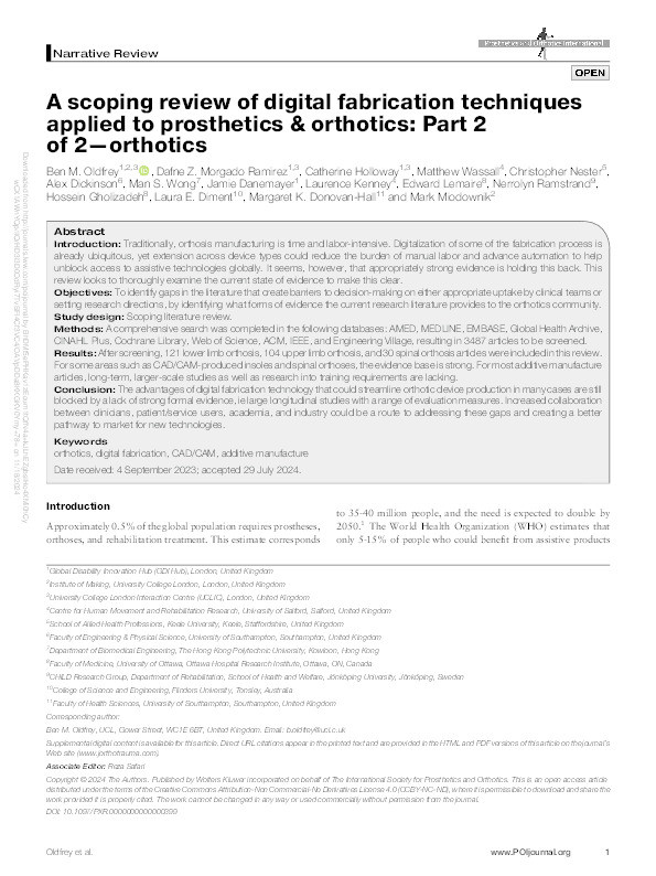 A scoping review of digital fabrication techniques applied to prosthetics & orthotics: Part 2 of 2—orthotics Thumbnail