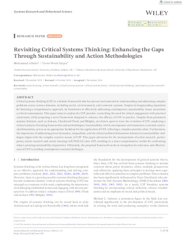 Revisiting Critical Systems Thinking: Enhancing the Gaps Through Sustainability and Action Methodologies Thumbnail