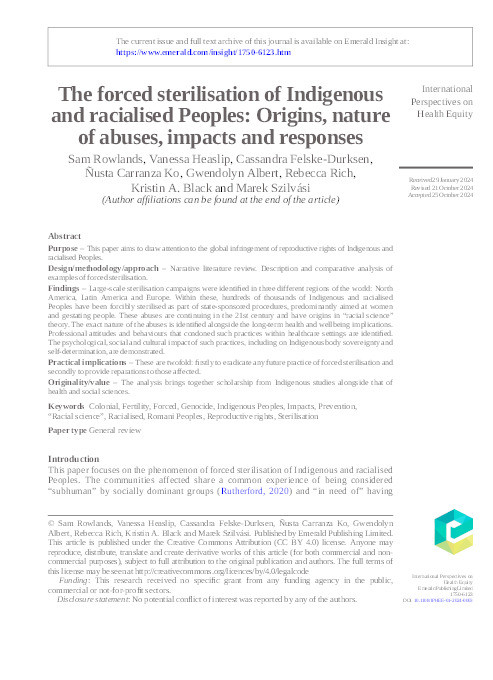 The forced sterilisation of Indigenous and racialised Peoples: origins, nature of abuses, impacts and responses Thumbnail