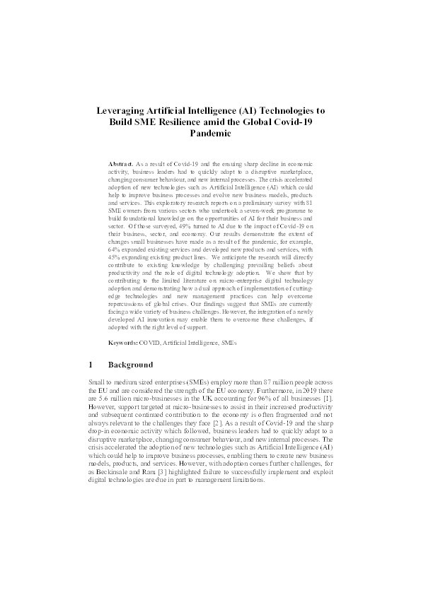 Leveraging Artificial Intelligence (AI) Technologies to Build SME Resilience amid the Global Covid-19 Pandemic Thumbnail