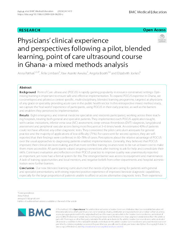 Physicians’ clinical experience and perspectives following a pilot, blended learning, point of care ultrasound course in Ghana- a mixed methods analysis Thumbnail