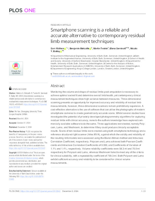 Smartphone scanning is a reliable and accurate alternative to contemporary residual limb measurement techniques Thumbnail