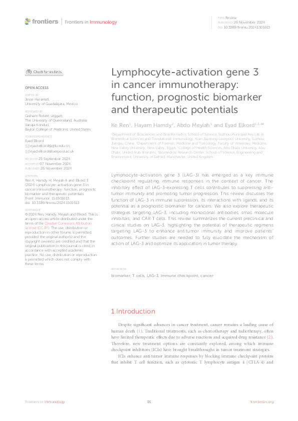 Lymphocyte-activation gene 3 in cancer immunotherapy: function, prognostic biomarker and therapeutic potentials Thumbnail