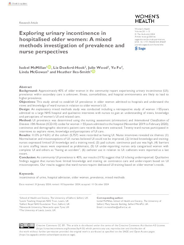 Exploring urinary incontinence in hospitalised older women: A mixed methods investigation of prevalence and nurse perspectives Thumbnail