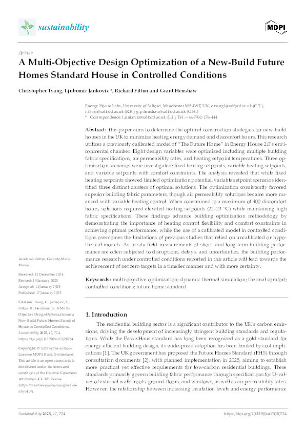 A Multi-Objective Design Optimization of a New Build Future Home Standard House in Controlled Conditions Thumbnail