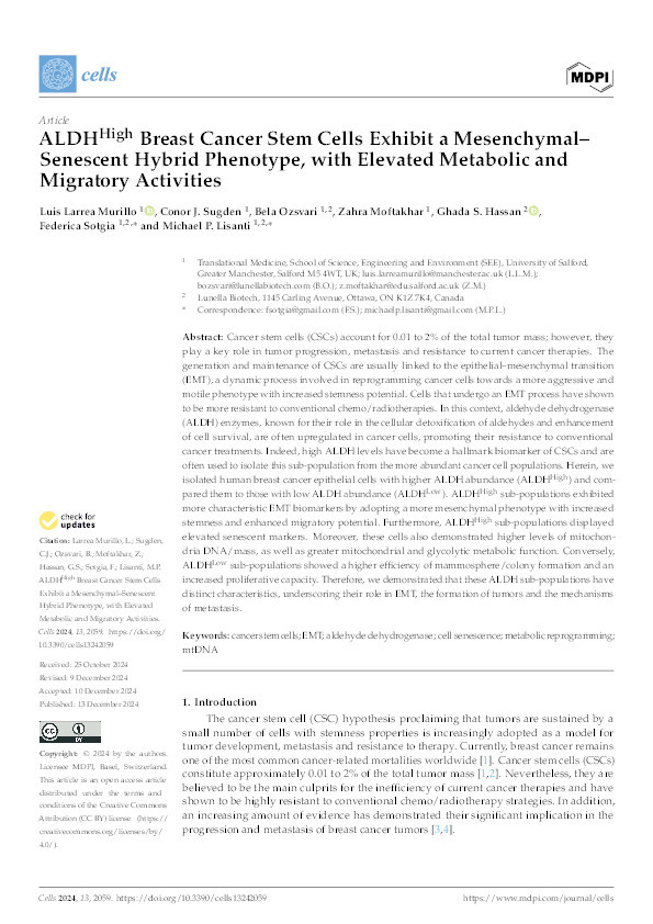 ALDHHigh Breast Cancer Stem Cells Exhibit a Mesenchymal–Senescent Hybrid Phenotype, with Elevated Metabolic and Migratory Activities Thumbnail