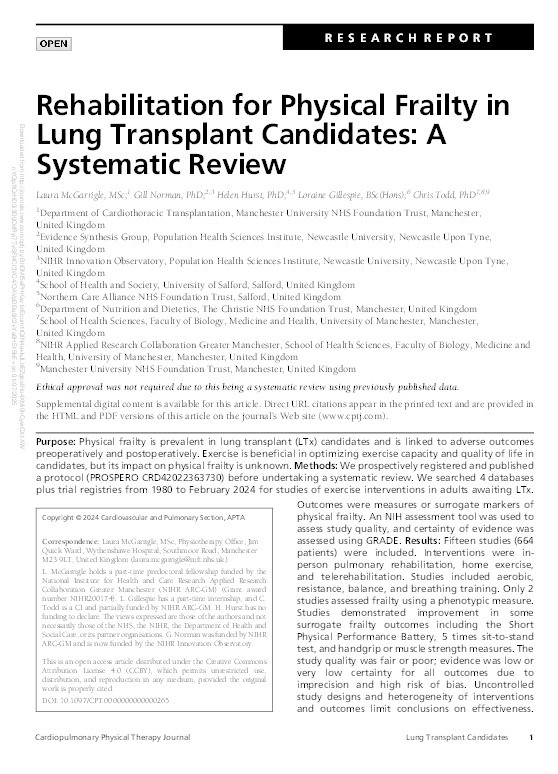 Rehabilitation for Physical Frailty in Lung Transplant Candidates: A Systematic Review Thumbnail