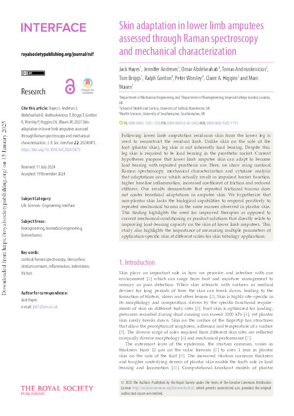 Skin adaptation in lower limb amputees assessed through Raman spectroscopy and mechanical characterization Thumbnail