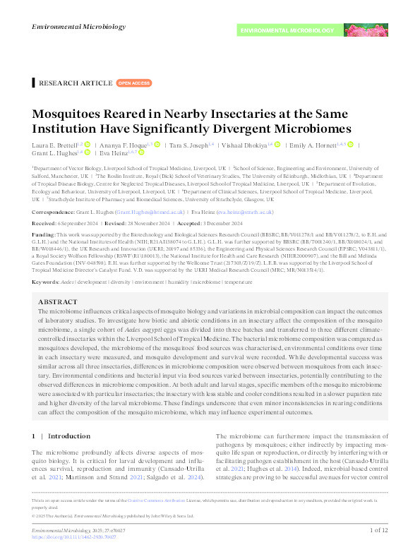 Mosquitoes Reared in Nearby Insectaries at the Same Institution Have Significantly Divergent Microbiomes Thumbnail
