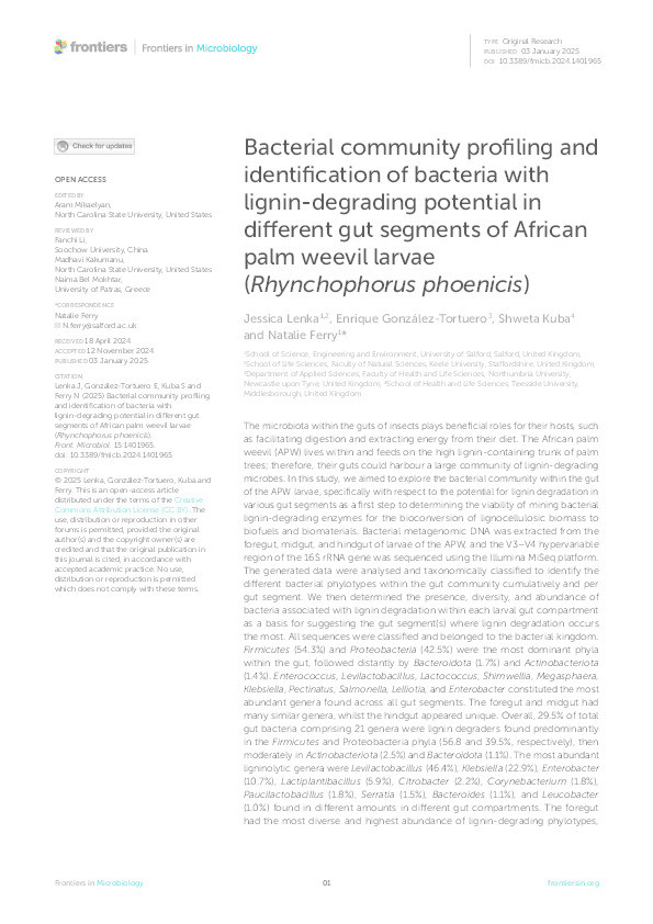 Bacterial community profiling and identification of bacteria with lignin-degrading potential in different gut segments of African palm weevil larvae ( Rhynchophorus phoenicis ) Thumbnail