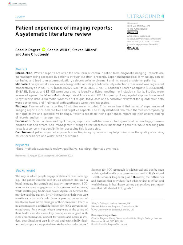 Patient experience of imaging reports: A systematic literature review Thumbnail