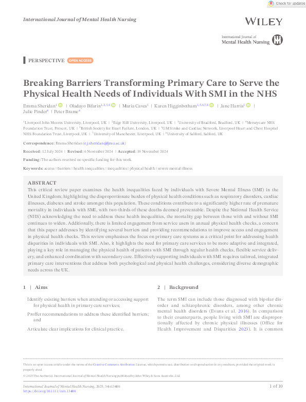 Breaking Barriers Transforming Primary Care to Serve the Physical Health Needs of Individuals With SMI in the NHS Thumbnail
