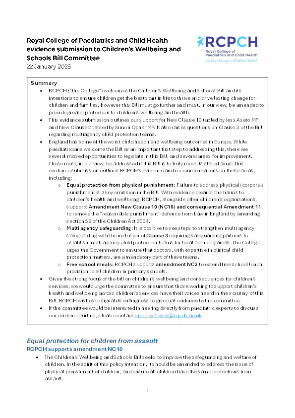 Royal College of Paediatrics and Child Health evidence submission to the Children's Wellbeing and Schools Committee Thumbnail