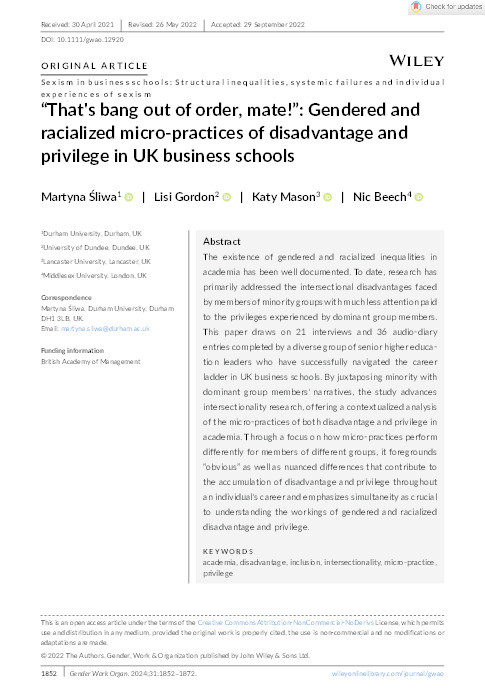 “That's bang out of order, mate!”: Gendered and racialized micro‐practices of disadvantage and privilege in UK business schools Thumbnail