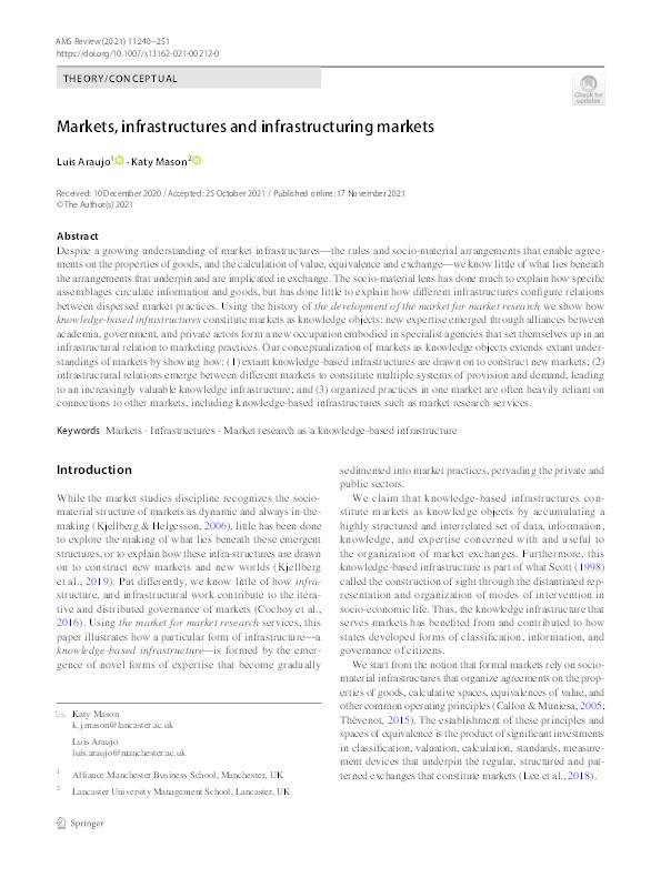 Markets, infrastructures and infrastructuring markets Thumbnail