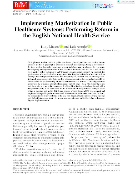Implementing Marketization in Public Healthcare Systems: Performing Reform in the English National Health Service Thumbnail