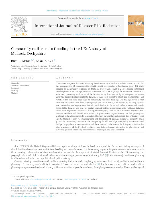 Community resilience to flooding in the UK: A study of Matlock, Derbyshire Thumbnail