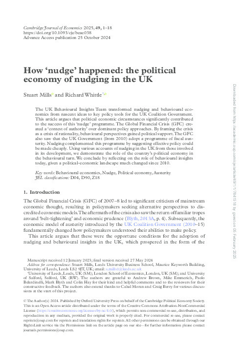 How ‘nudge’ happened: the political economy of nudging in the UK Thumbnail