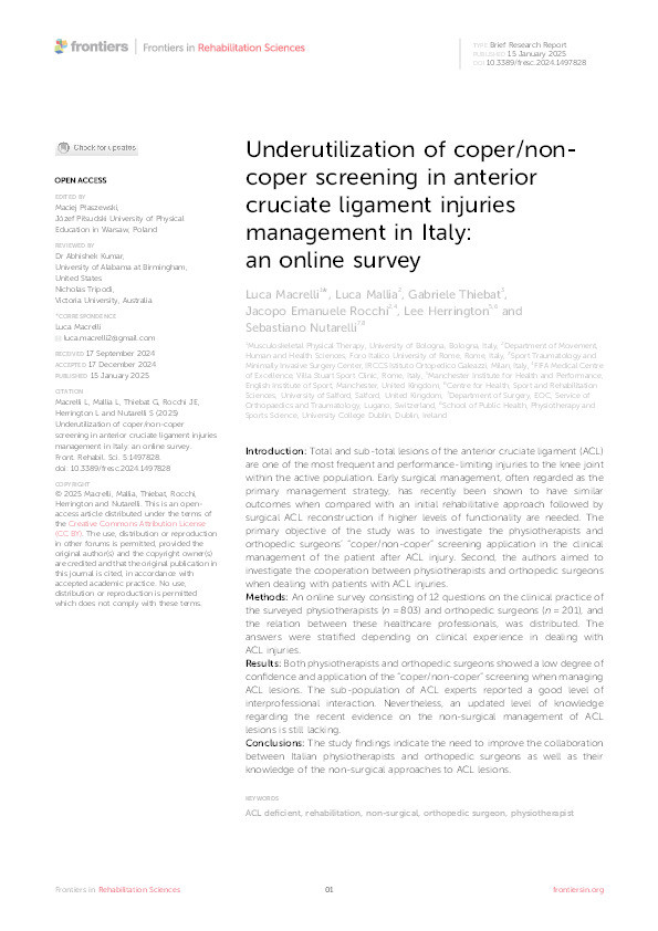 Underutilization of coper/non-coper screening in anterior cruciate ligament injuries management in Italy: an online survey Thumbnail