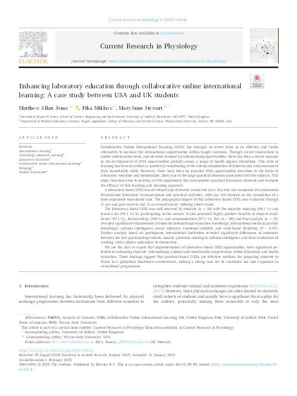 Enhancing laboratory education through collaborative online international learning: A case study between USA and UK students Thumbnail