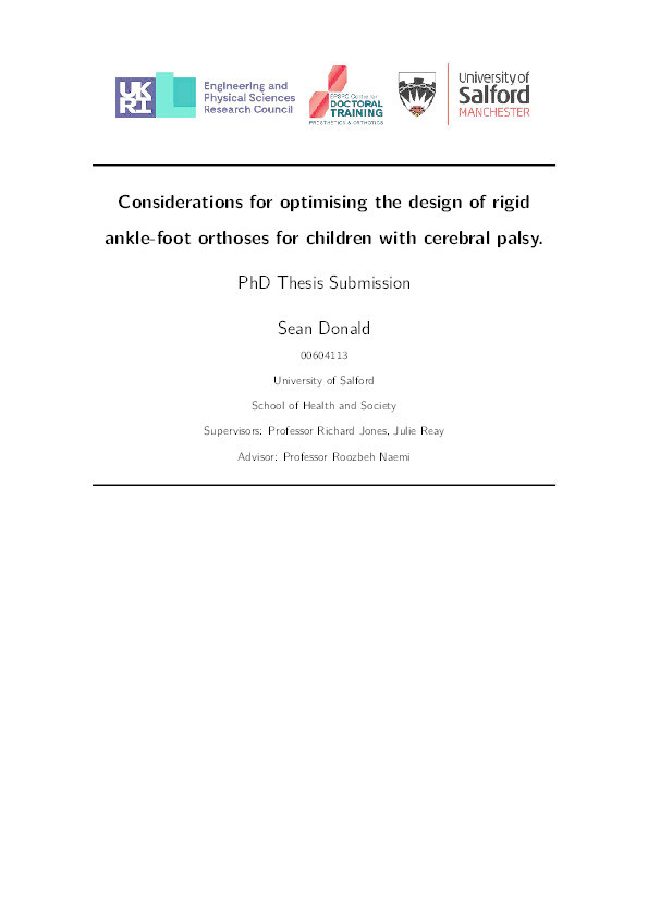 Considerations for optimising the design of rigid ankle-foot orthoses for children with cerebral palsy. Thumbnail