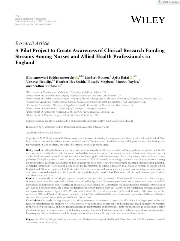 A Pilot Project to Create Awareness of Clinical Research Funding Streams Among Nurses and Allied Health Professionals in England Thumbnail