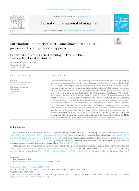 Multinational enterprises' R&D commitments in Chinese provinces: A configurational approach Thumbnail