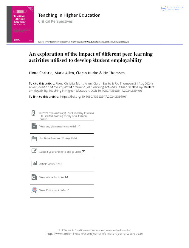 An exploration of the impact of different peer learning activities utilised to develop student employability Thumbnail