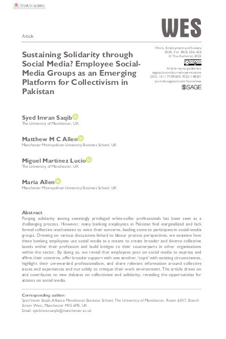 Sustaining Solidarity through Social Media? Employee Social-Media Groups as an Emerging Platform for Collectivism in Pakistan Thumbnail