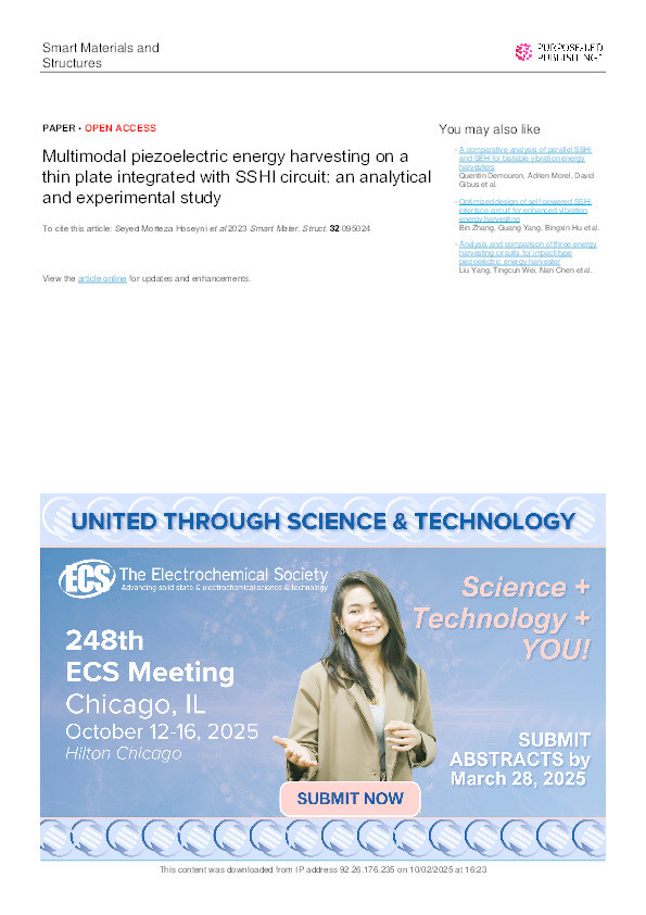 Multimodal piezoelectric energy harvesting on a thin plate integrated with SSHI circuit: an analytical and experimental study Thumbnail