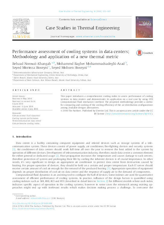 Performance assessment of cooling systems in data centers; Methodology and application of a new thermal metric Thumbnail