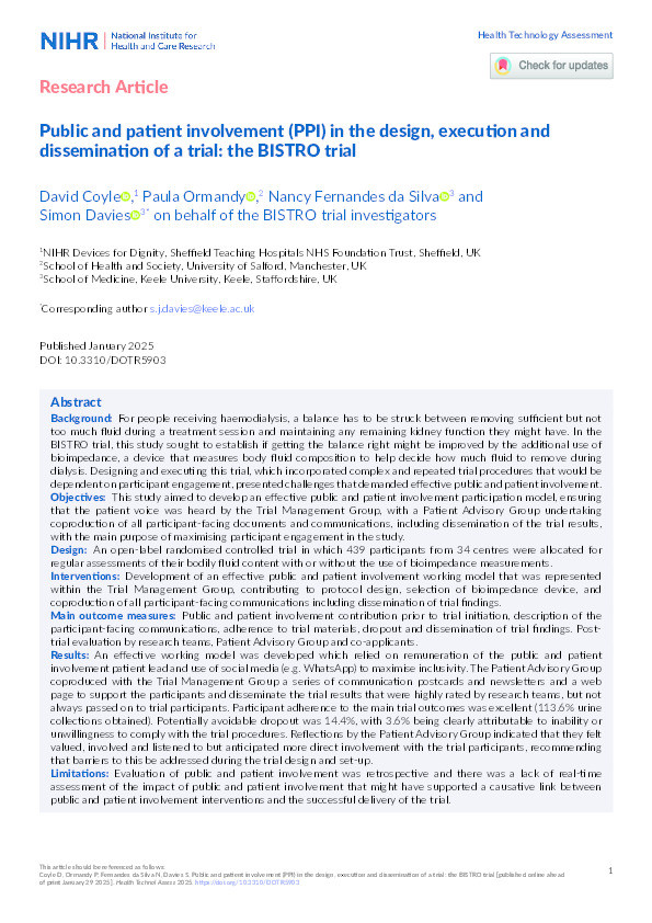 Public and patient involvement (PPI) in the design, execution and dissemination of a trial: the BISTRO trial Thumbnail