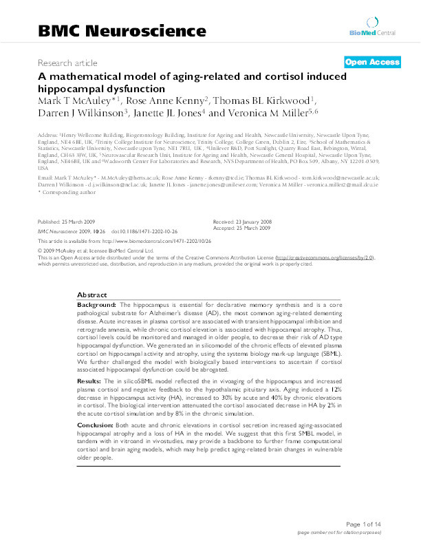 A mathematical model of aging-related and cortisol induced hippocampal dysfunction Thumbnail