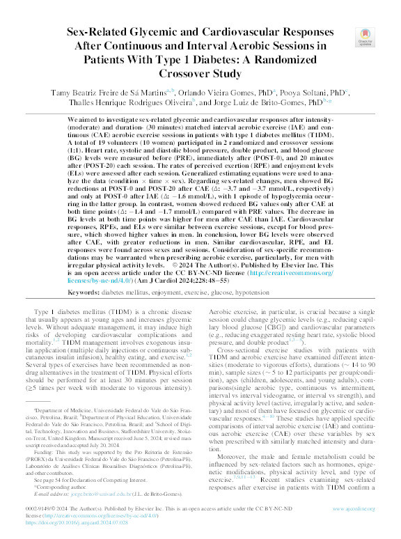 Sex-Related Glycemic and Cardiovascular Responses After Continuous and Interval Aerobic Sessions in Patients With Type 1 Diabetes: A Randomized Crossover Study Thumbnail