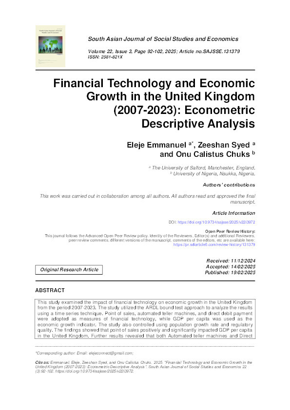 Financial Technology and Economic Growth in the United Kingdom  (2007-2023): Econometric  Descriptive Analysis Thumbnail