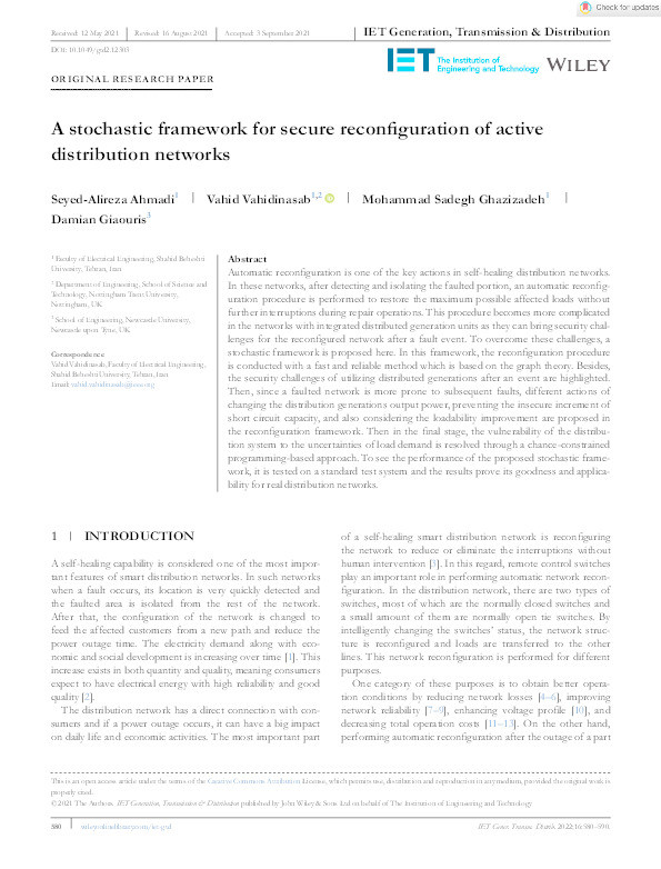 A stochastic framework for secure reconfiguration of active distribution networks Thumbnail