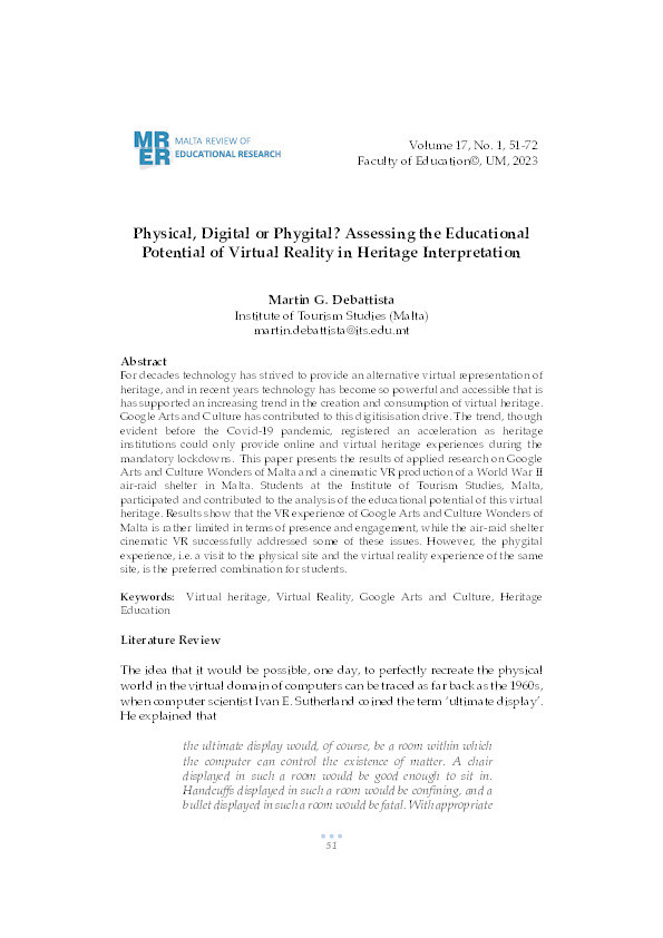 Physical, Digital or Phygital? Assessing the Educational Potential of Virtual Reality in Heritage Interpretation Thumbnail