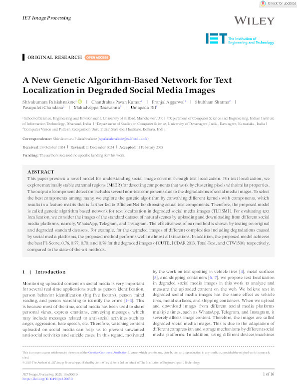A New Genetic Algorithm‐Based Network for Text Localization in Degraded Social Media Images Thumbnail