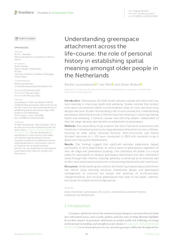 Understanding greenspace attachment across the life-course: the role of personal history in establishing spatial meaning amongst older people in the Netherlands Thumbnail