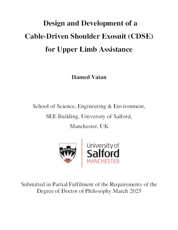   Design and Development of a  Cable-Driven Shoulder Exosuit (CDSE) for Upper Limb Assistance Thumbnail