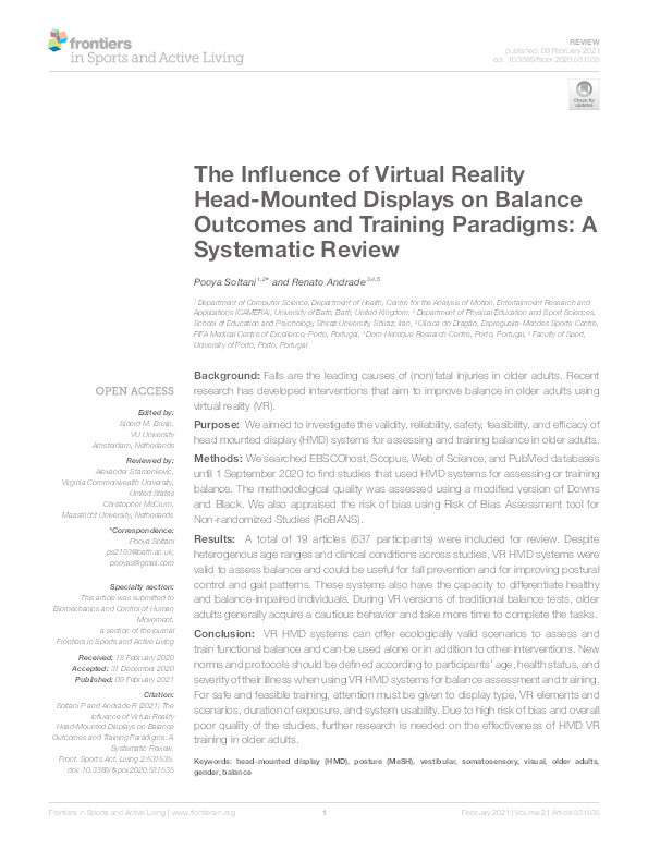 The influence of virtual reality head-mounted displays on balance outcomes and training paradigms: A systematic review Thumbnail