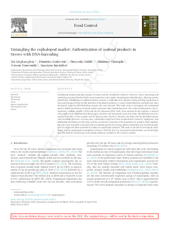 Untangling the cephalopod market: Authentication of seafood products in Greece with DNA-barcoding Thumbnail