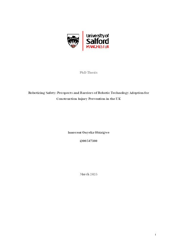 Robotizing Safety: Prospects and Barriers of Robotic Technology Adoption for Construction Injury Prevention in the UK Thumbnail