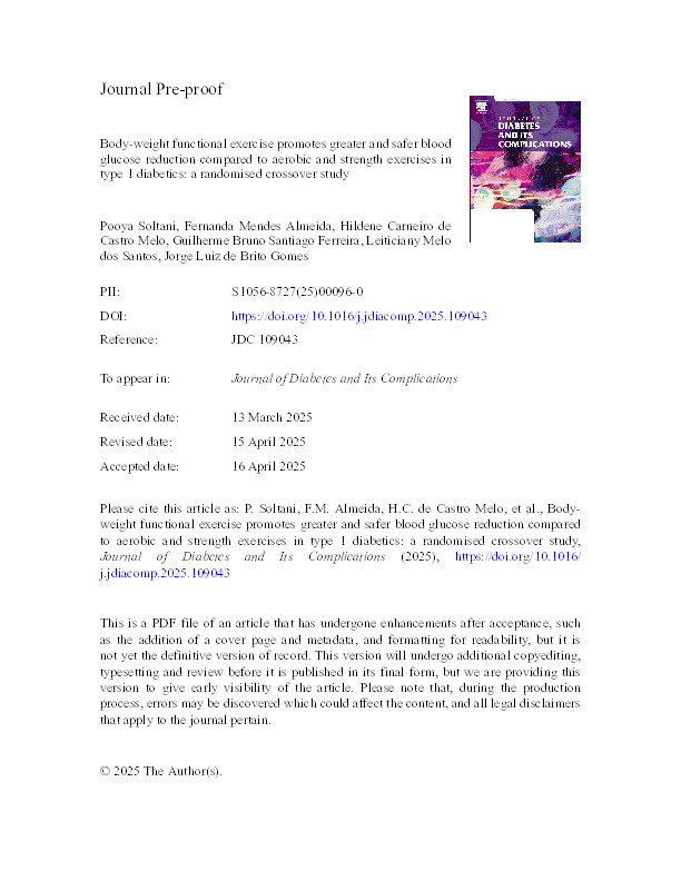Body-weight functional exercise promotes greater and safer blood glucose reduction compared to aerobic and strength exercises in type 1 diabetics: a randomised crossover study Thumbnail
