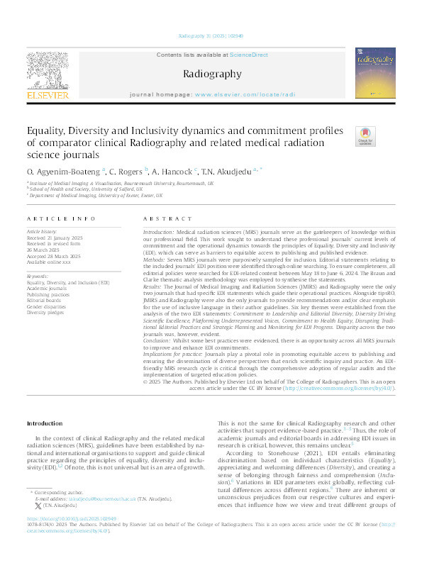 Equality, Diversity and Inclusivity dynamics and commitment profiles of comparator clinical Radiography and related medical radiation science journals. Thumbnail