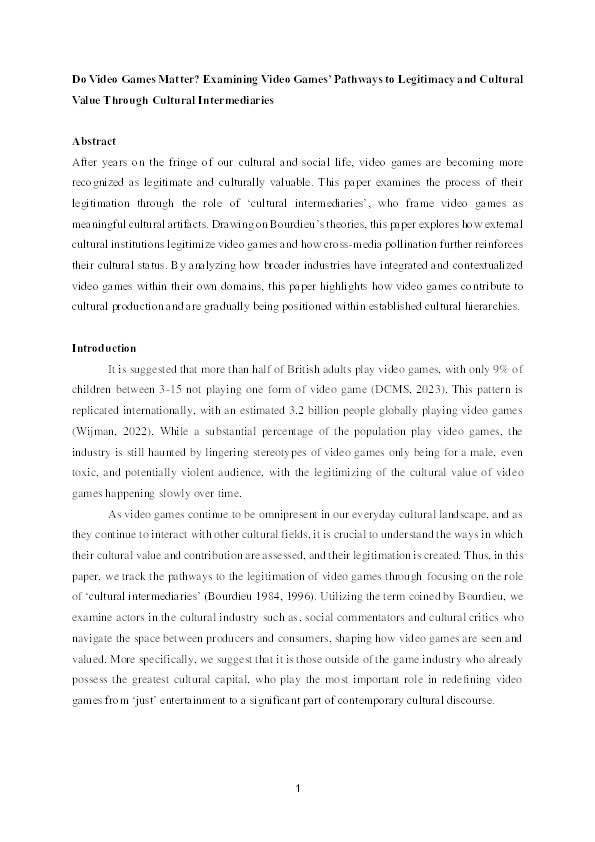 Do Video Games Matter? Examining Video Games’ Pathways to Legitimacy and Cultural Value Through Cultural Intermediaries Thumbnail