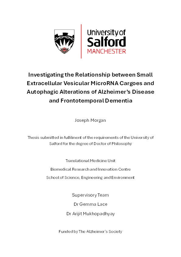 Investigating the Relationship between Small Extracellular Vesicular MicroRNA Cargoes and Autophagic Alterations of Alzheimer's Disease and Frontotemporal Dementia Thumbnail